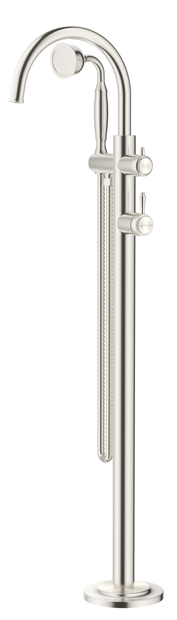 Mica Heritage Freestanding Bath Mixer with hand shower in brushed nickel.