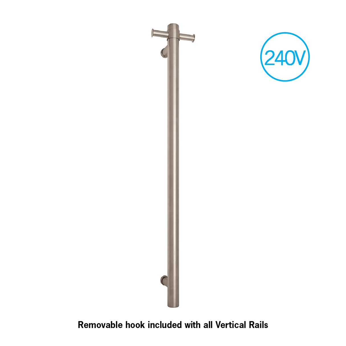 Thermorail - Straight/Round 240Volt Vertical Bar 900x142x100mm 20Watt With Optional Hook - Brushed