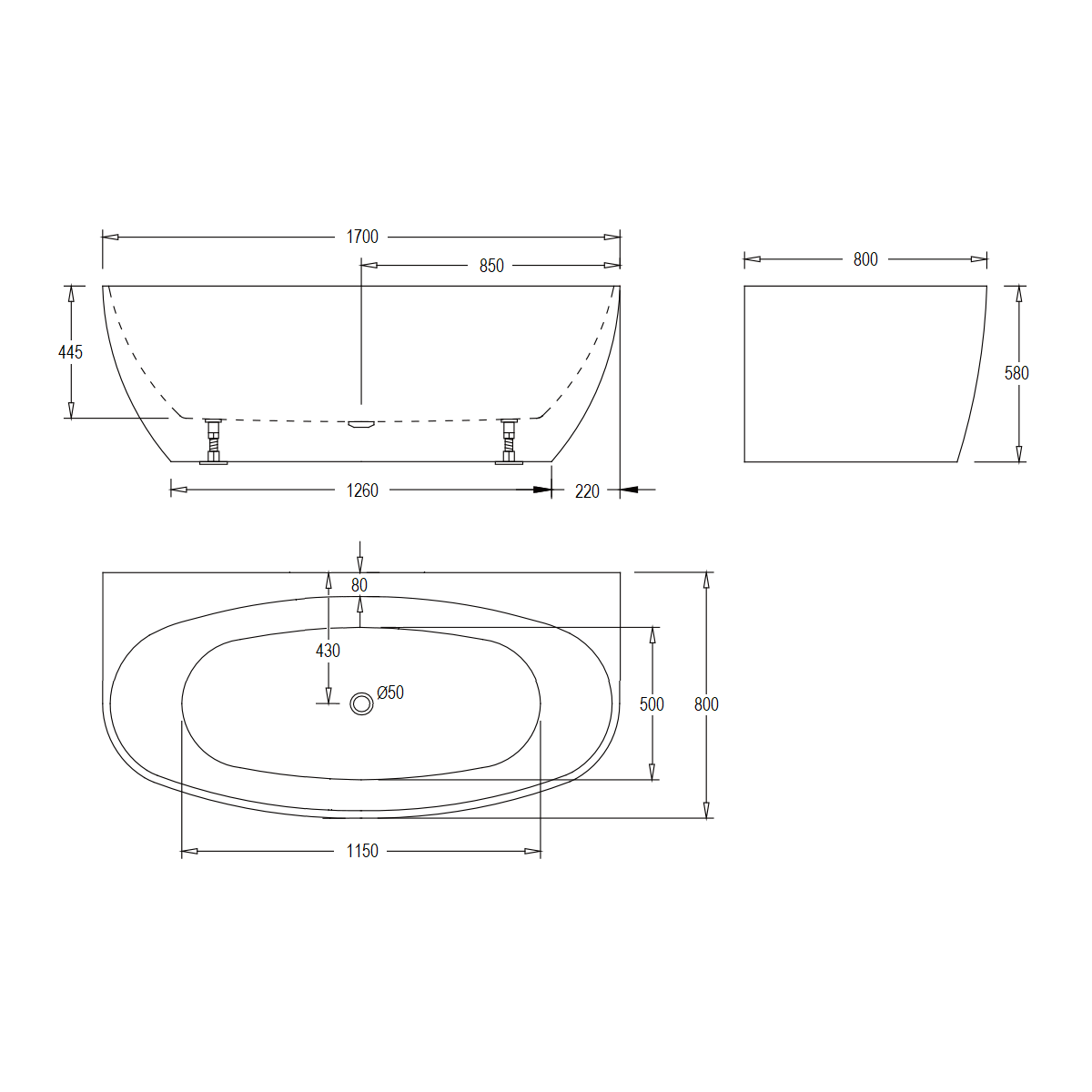 Evelyn - 1500mm Gloss White Back-to-Wall Lucite Acrylic Bath