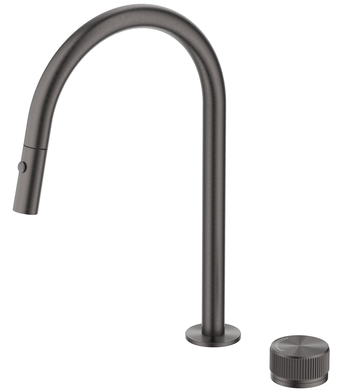 Mica Fluted pull-out hob mixer set with a curved spout and separate round control in gunmetal on a white background.