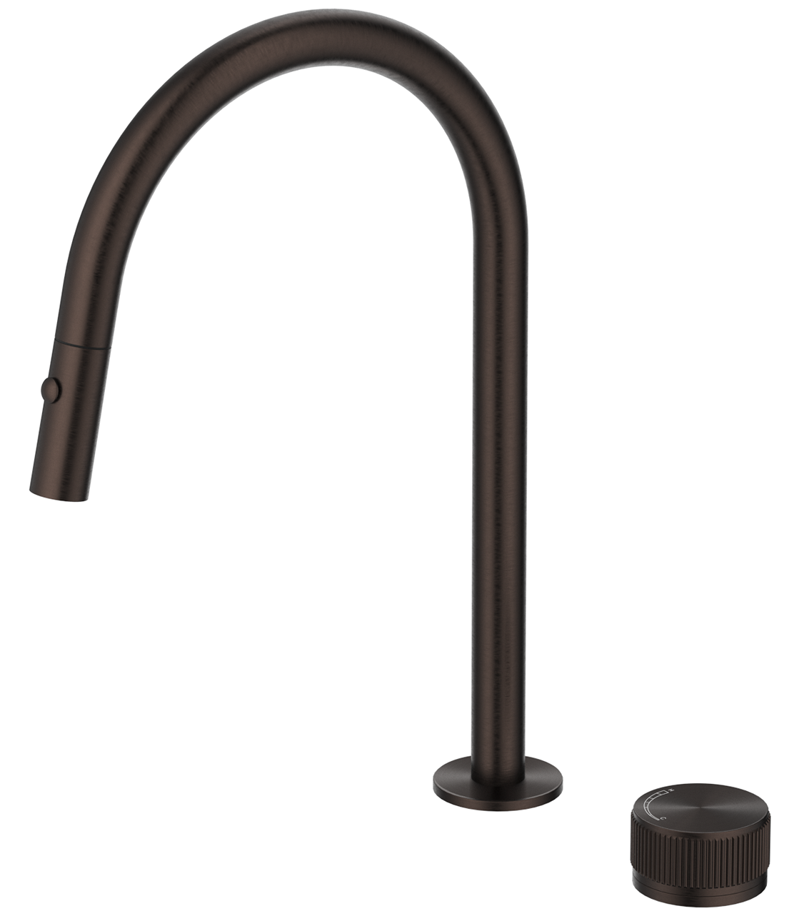 Mica Fluted pull-out hob mixer set with a curved spout and separate round control in Dusk bronze on a white background.