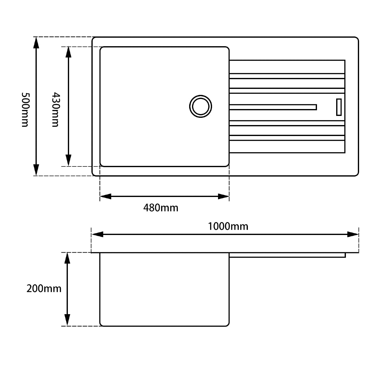Arete - Black Granite Single Bowl w Drainer Kitchen Sink
1000x500x200mm