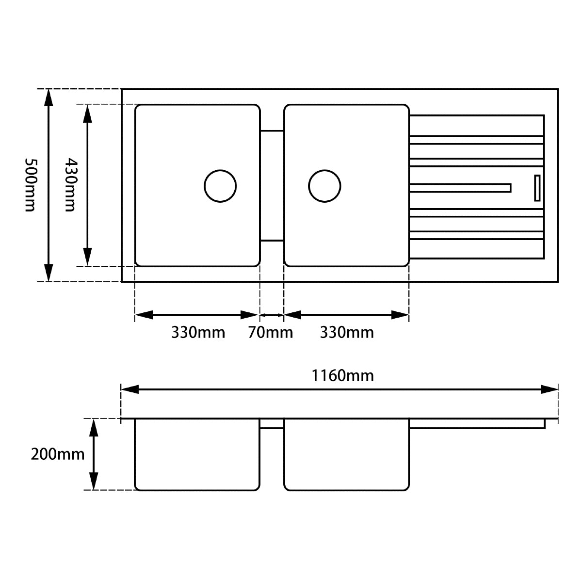 Arete - Black Granite Double Bowl w Drainer Kitchen Sink
1160x500x200mm