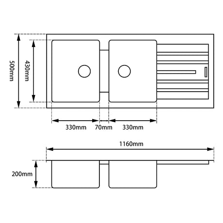 Arete - Black Granite Double Bowl w Drainer Kitchen Sink
1160x500x200mm