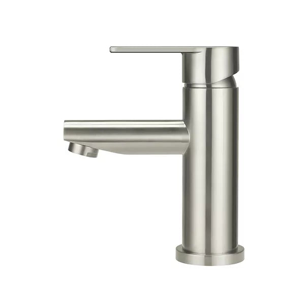 Round - Brushed Nickel Basin Mixer w Straight Spout & Paddle Handle