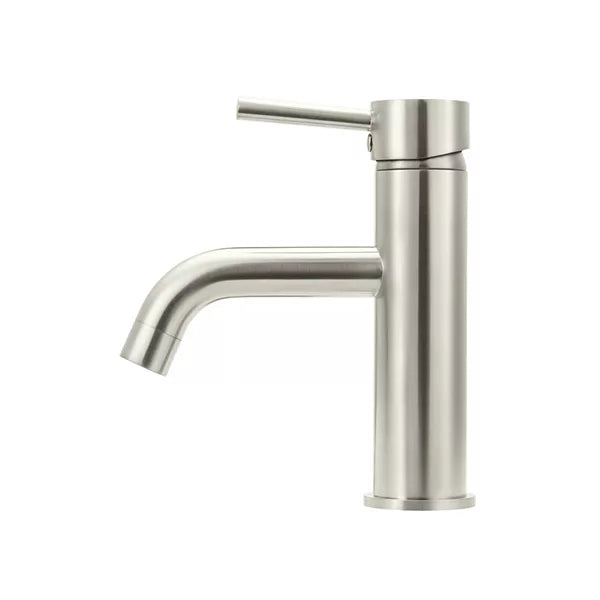Round - Brushed Nickel Basin Mixer w Curved Spout