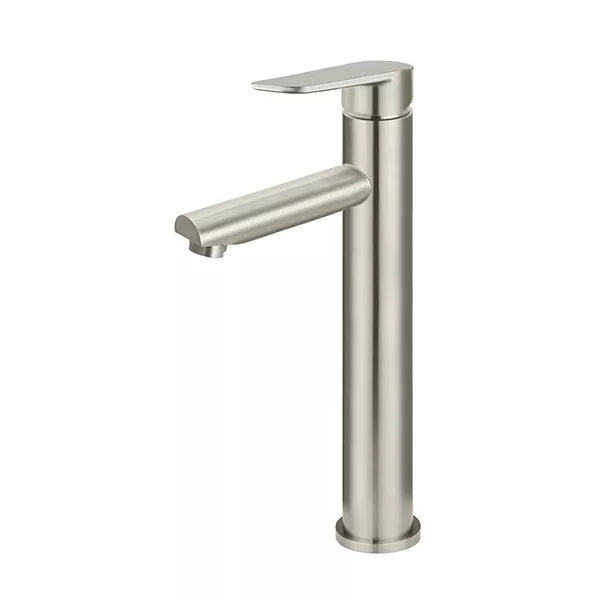 Round - Brushed Nickel Tall Basin Mixer with Straight Spout and Paddle Handle