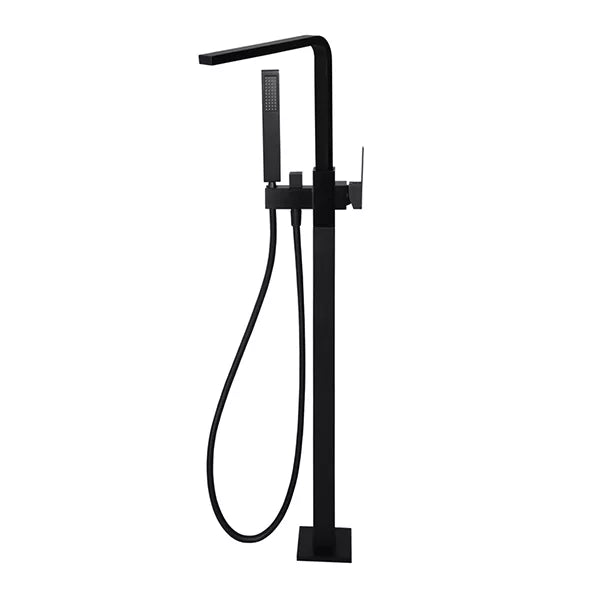 Square - Matte Black Freestanding Bath Spout w Mixer and Handshower