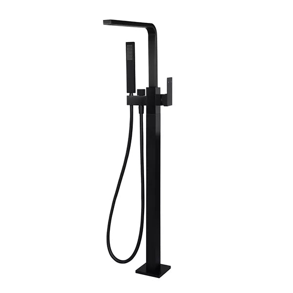 Square - Matte Black Freestanding Bath Spout w Mixer and Handshower