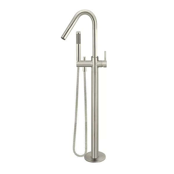 Round - Brushed Nickel Freestanding Bath Spout w Mixer and Handshower