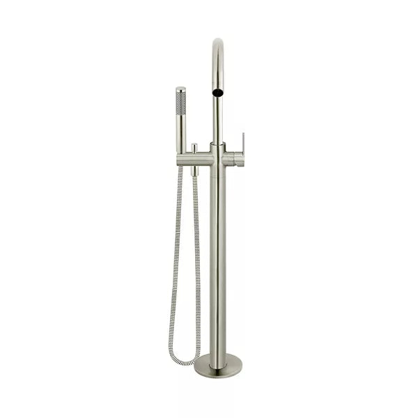 Round - Brushed Nickel Freestanding Bath Spout w Paddle Handle Mixer and Handshower