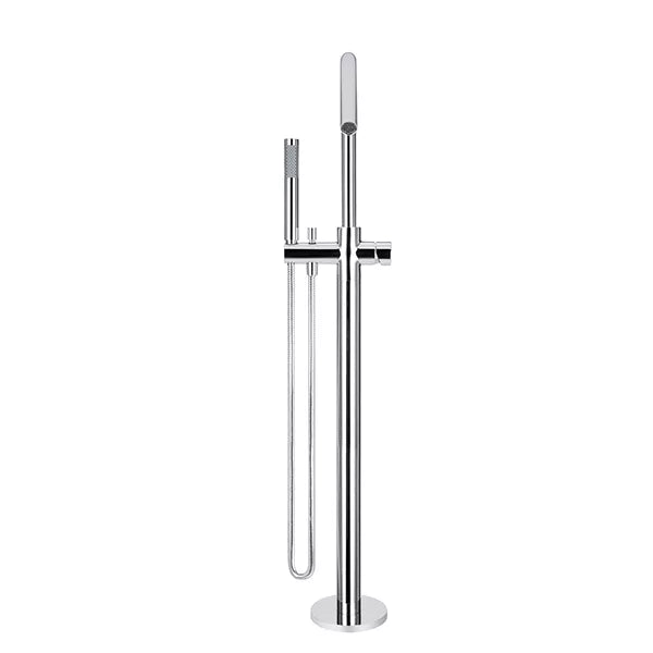 Round - Polished Chrome Freestanding Bath Spout w Pinless Handle Mixer and Handshower