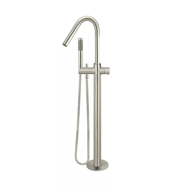 Round - Brushed Nickel Freestanding Bath Spout w Pinless Handle Mixer and Handshower