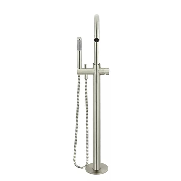 Round - Brushed Nickel Freestanding Bath Spout w Pinless Handle Mixer and Handshower