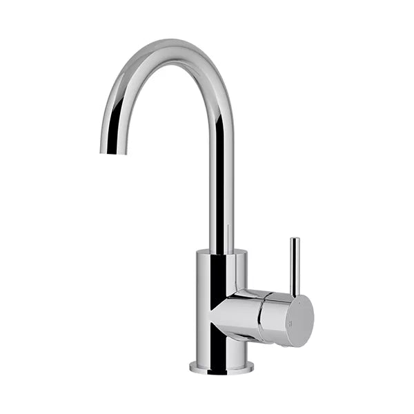 Round - Polished Chrome Gooseneck Basin Mixer with Cold Start
