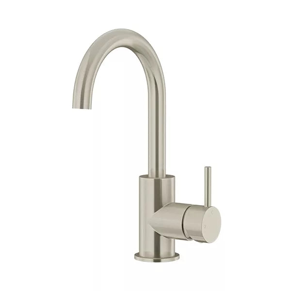 Round - Brushed Nickel Gooseneck Basin Mixer with Cold Start