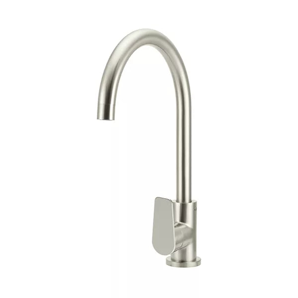 Round - Brushed Nickel Gooseneck Kitchen Mixer w Paddle Handle