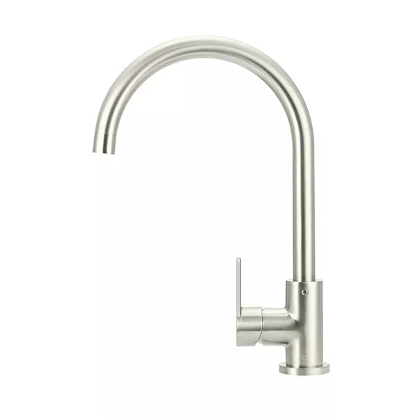 Round - Brushed Nickel Gooseneck Kitchen Mixer w Paddle Handle