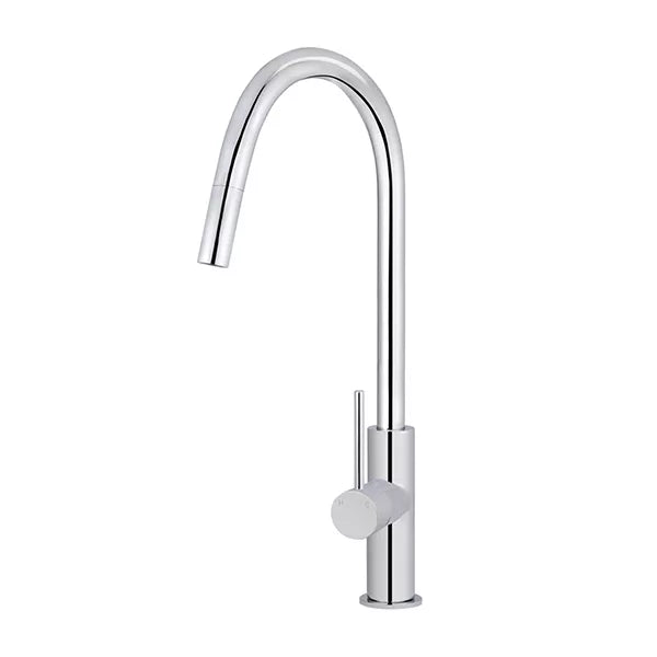 Round - Polished Chrome Gooseneck Kitchen Mixer w Pull-out Hose & Vege Spray