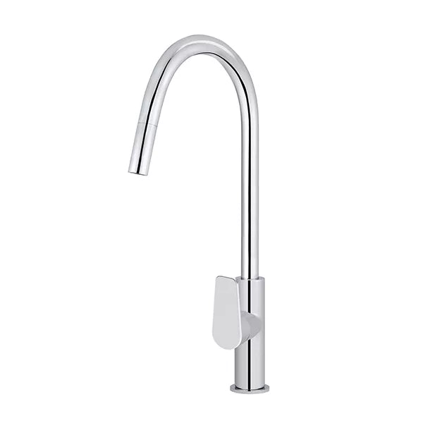 Round - Polished Chrome Gooseneck Kitchen Mixer w Paddle Handle & Pull-out Hose
