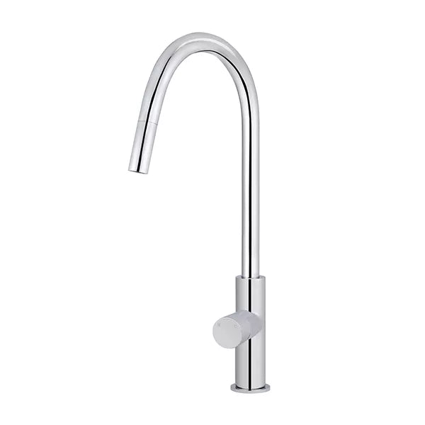 Round - Polished Chrome Gooseneck Kitchen Mixer w Pinless Handle & Pull-out Hose