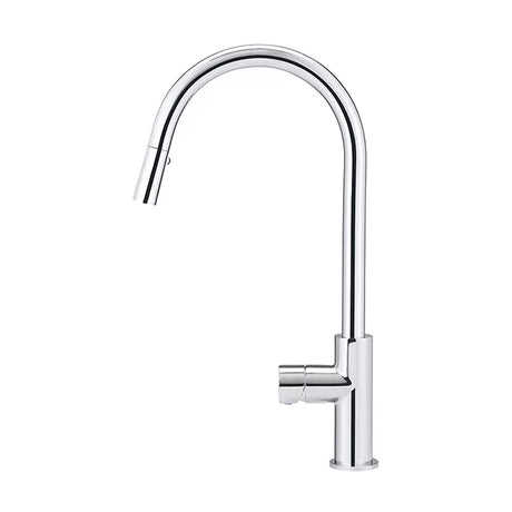Round - Polished Chrome Gooseneck Kitchen Mixer w Pinless Handle & Pull-out Hose