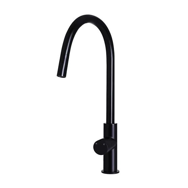 Round - Matte Black Gooseneck Kitchen Mixer w Pinless Handle & Pull-out Hose