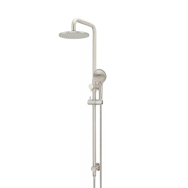 Round - Brushed Nickel Combination Shower Rail w 200mm Rose & Three-Function Hand Shower