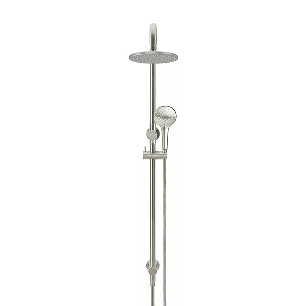 Round - Brushed Nickel Combination Shower Rail w 200mm Rose & Three-Function Hand Shower