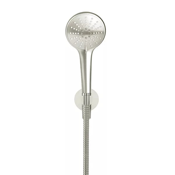 Round - Brushed Nickel Three Function Hand Shower on Fixed Bracket