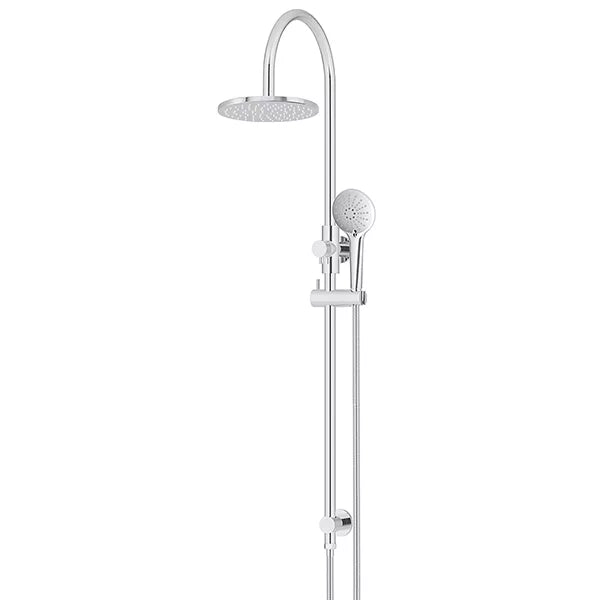 Round - Polished Chrome Gooseneck Combination Shower Rail w 200mm Rose & Three-Function Hand Shower