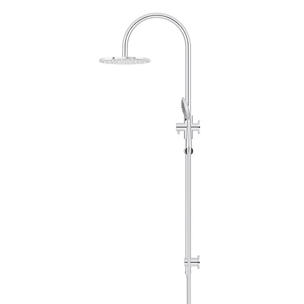 Round - Polished Chrome Gooseneck Combination Shower Rail w 200mm Rose & Three-Function Hand Shower