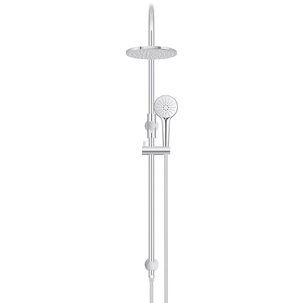 Round - Polished Chrome Gooseneck Combination Shower Rail w 200mm Rose & Three-Function Hand Shower