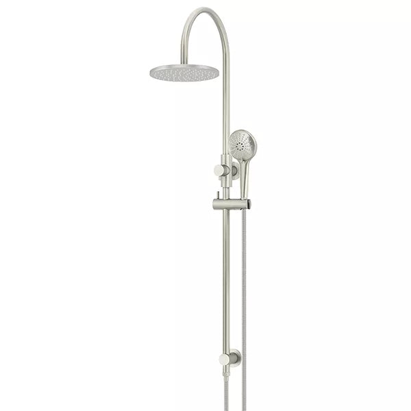 Round - Brushed Nickel Gooseneck Combination Shower Rail w 200mm Rose & Three-Function Hand Shower