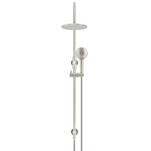 Round - Brushed Nickel Gooseneck Combination Shower Rail w 200mm Rose & Three-Function Hand Shower