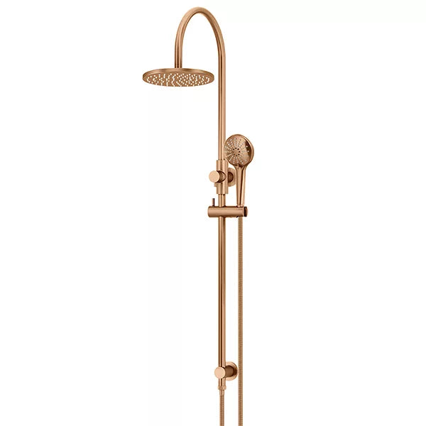 Round - Lustre Bronze Gooseneck Combination Shower Rail w 200mm Rose & Three-Function Hand Shower