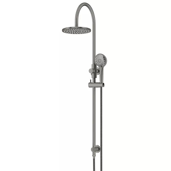 Round - Shadow Gunmetal Gooseneck Combination Shower Rail w 200mm Rose & Three-Function Hand Shower