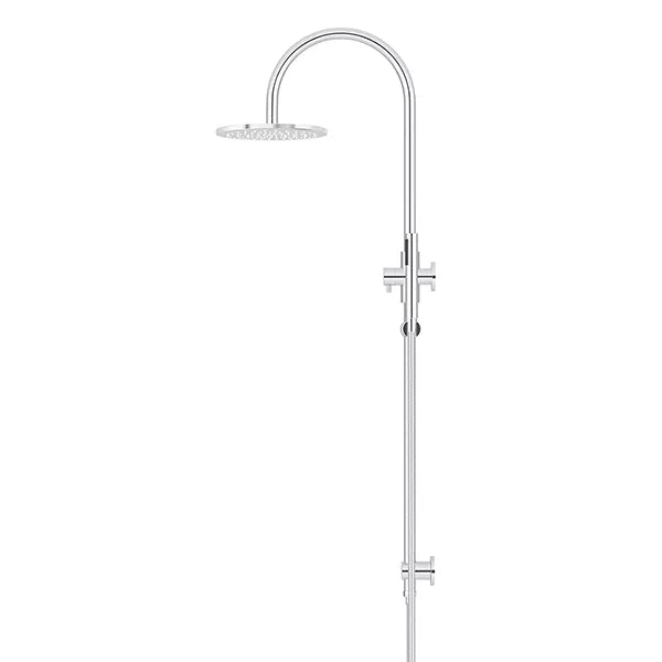 Round - Polished Chrome Gooseneck Combination Shower Rail w 200mm Rose & Single Function Hand Shower