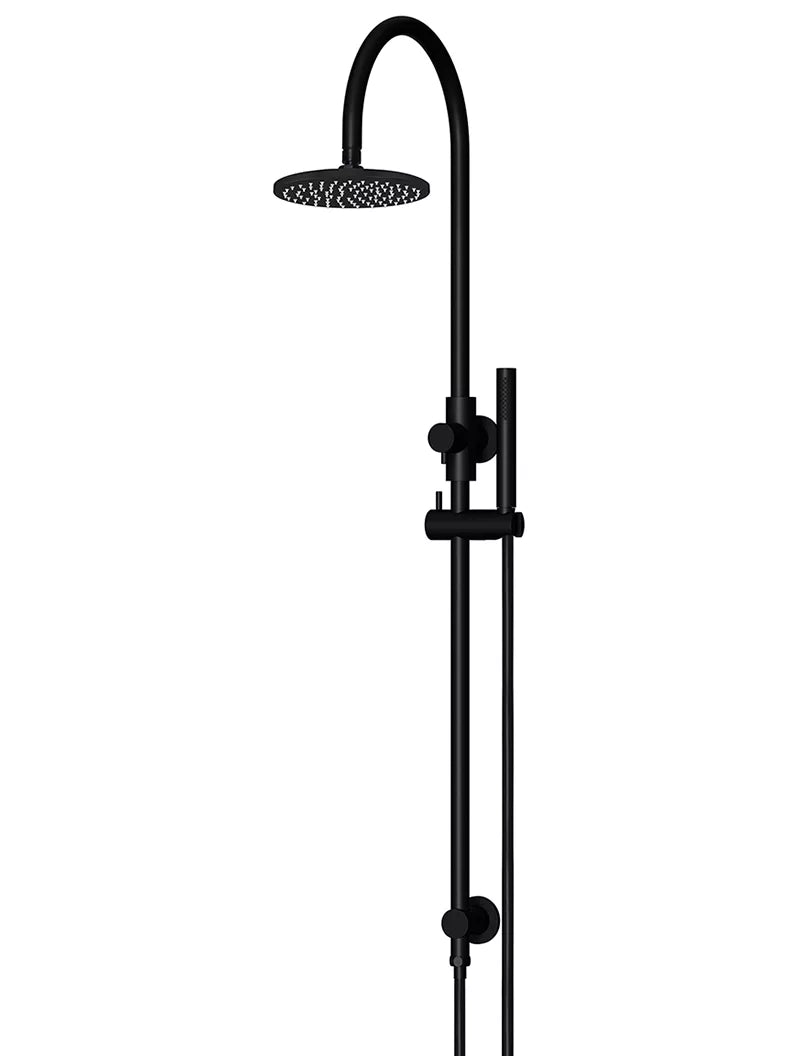 Round - Matte Black Gooseneck Combination Shower Rail w 200mm Rose & Single Function Hand Shower
