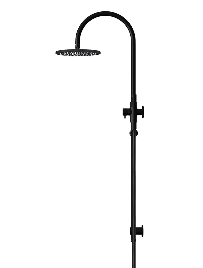 Round - Matte Black Gooseneck Combination Shower Rail w 200mm Rose & Single Function Hand Shower