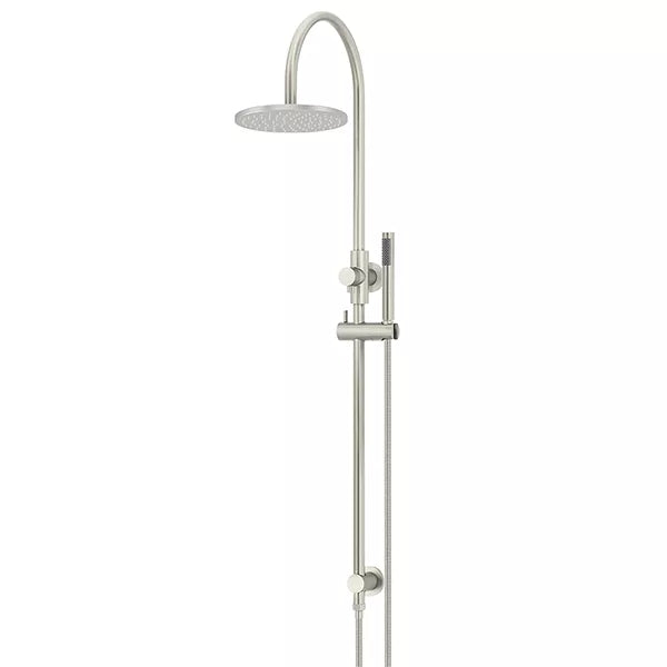 Round - Brushed Nickel Gooseneck Combination Shower Rail w 200mm Rose & Single Function Hand Shower