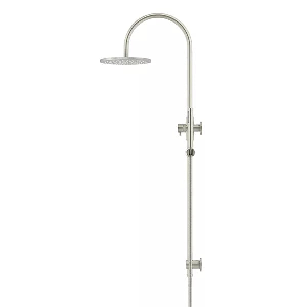 Round - Brushed Nickel Gooseneck Combination Shower Rail w 200mm Rose & Single Function Hand Shower