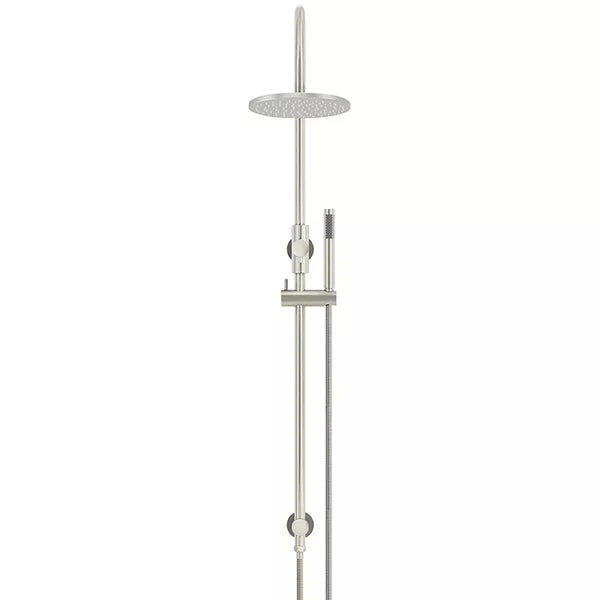 Round - Brushed Nickel Gooseneck Combination Shower Rail w 200mm Rose & Single Function Hand Shower