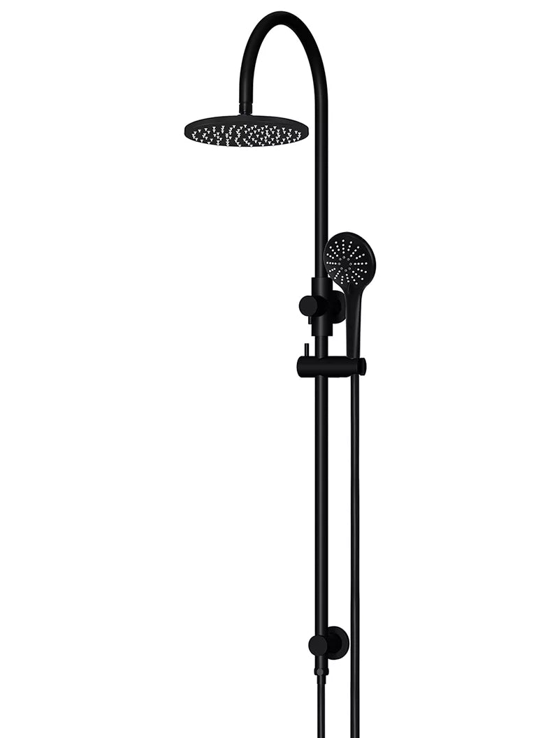Round - Matte Black Gooseneck Combination Shower Rail w 200mm Rose & Three-Function Hand Shower