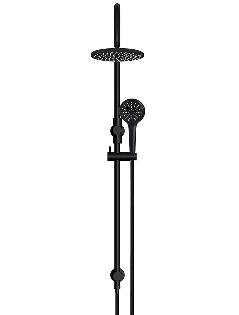 Round - Matte Black Gooseneck Combination Shower Rail w 200mm Rose & Three-Function Hand Shower