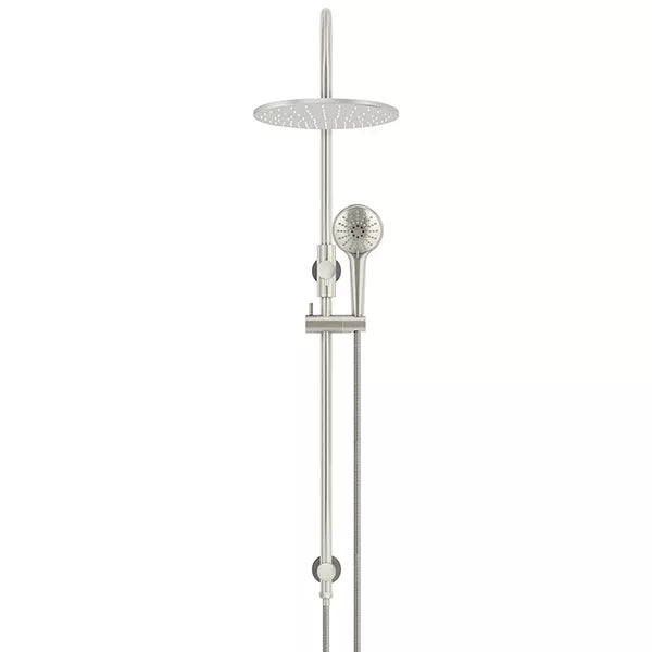 Round - Brushed Nickel Gooseneck Combination Shower Rail w 300mm Rose & Three-Function Hand Shower