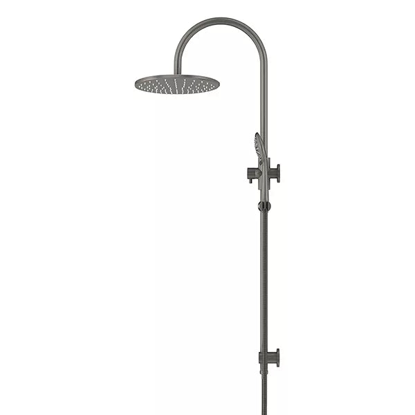 Round - Shadow Gunmetal Gooseneck Combination Shower Rail w 300mm Rose & Three-Function Hand Shower