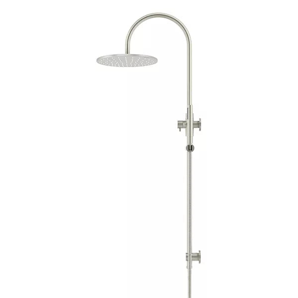 Round - Brushed Nickel Gooseneck Combination Shower Rail w 300mm Rose & Single Function Hand Shower
