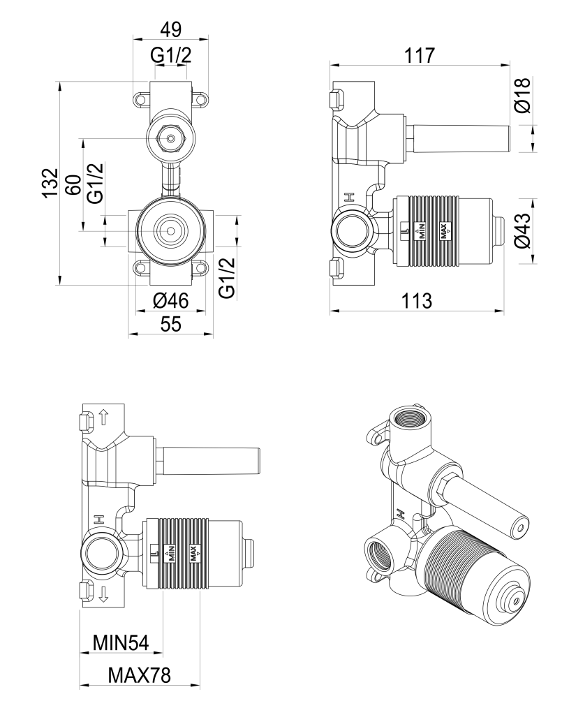 Lantra, Kaza, Eleniko - Shower Mixer Diverter - BODY ONLY