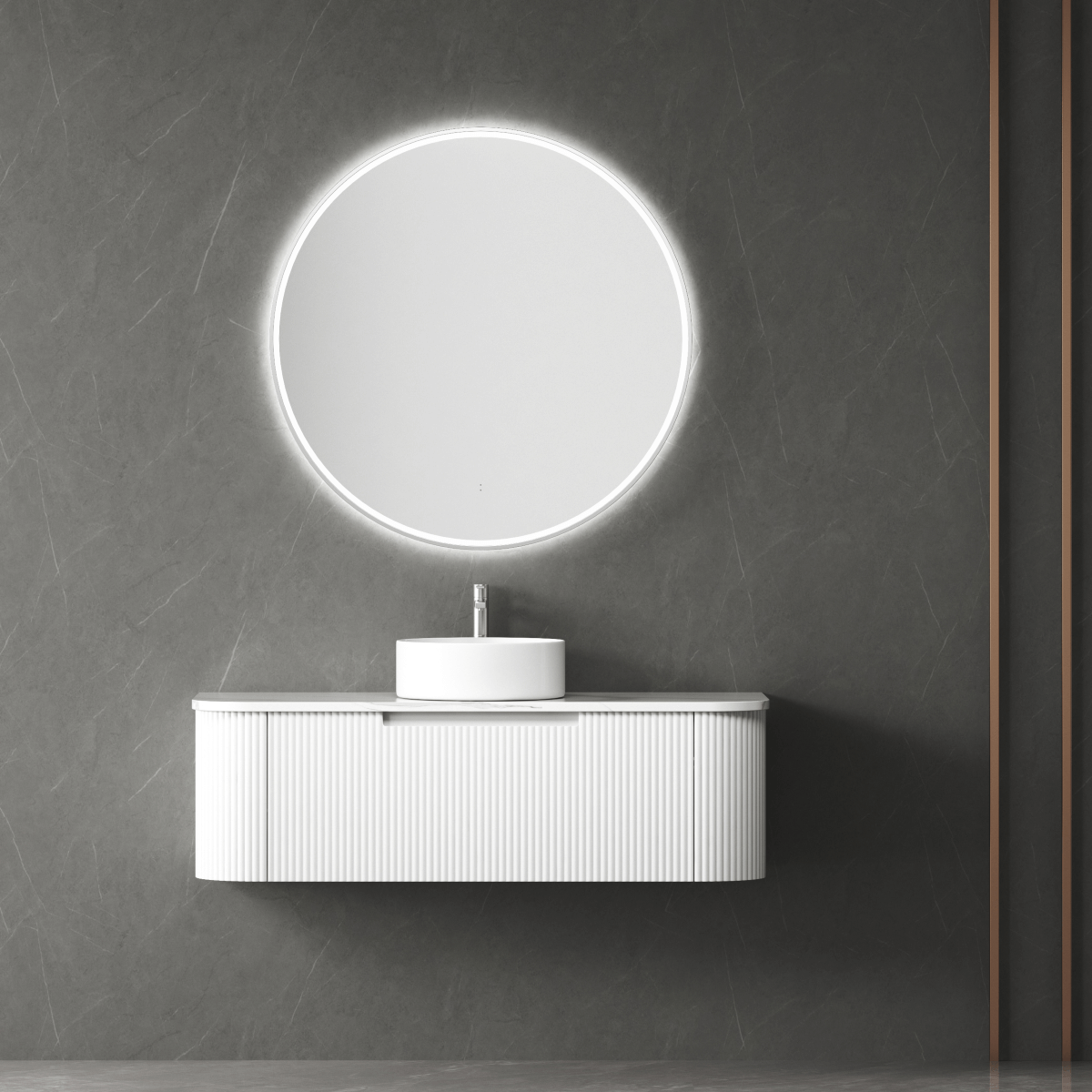 Petra - 900mm Wall Hung Curving V-Groove Matte White  Vanity
